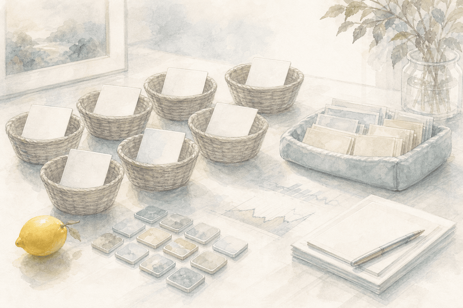 Baskets and blank slips arranged for position sizing