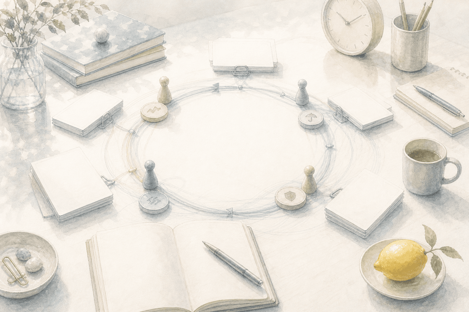 A calm Wheel path on a desk with blank option slips