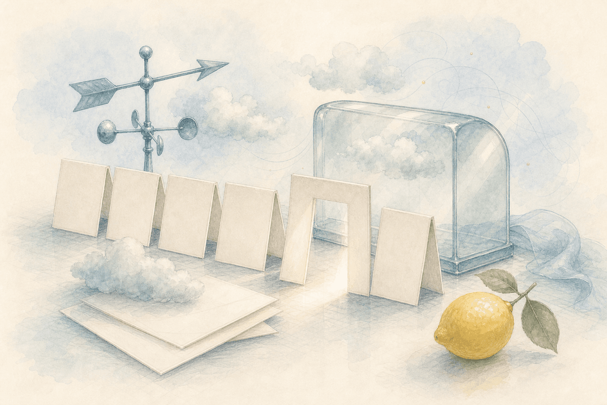 A pale policy window with blank papers and a quiet lemon