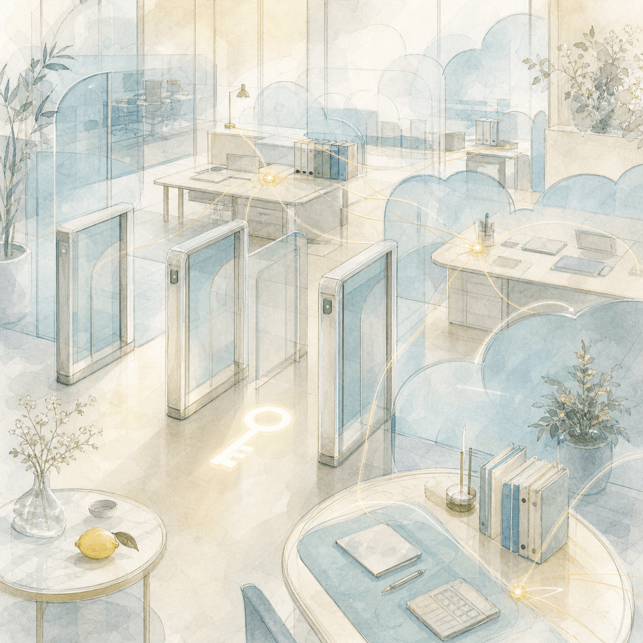 A calm office workflow protected by translucent access gates