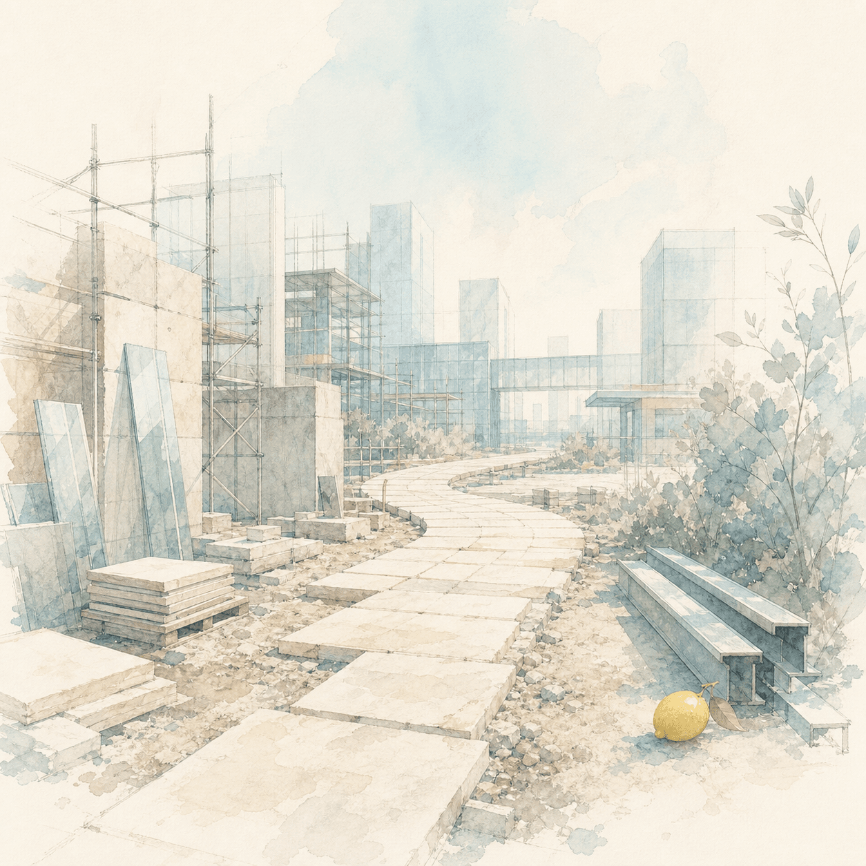 A quiet unfinished road being built through a pale modern district