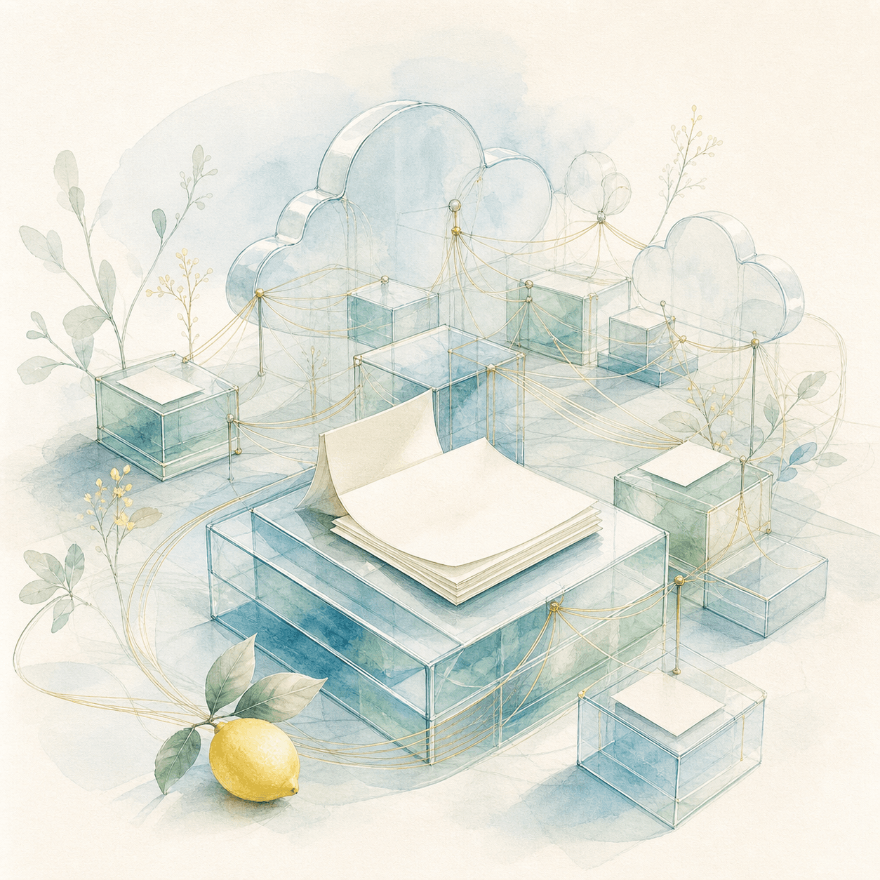 A pale network of blank papers, glass blocks, and cloud forms