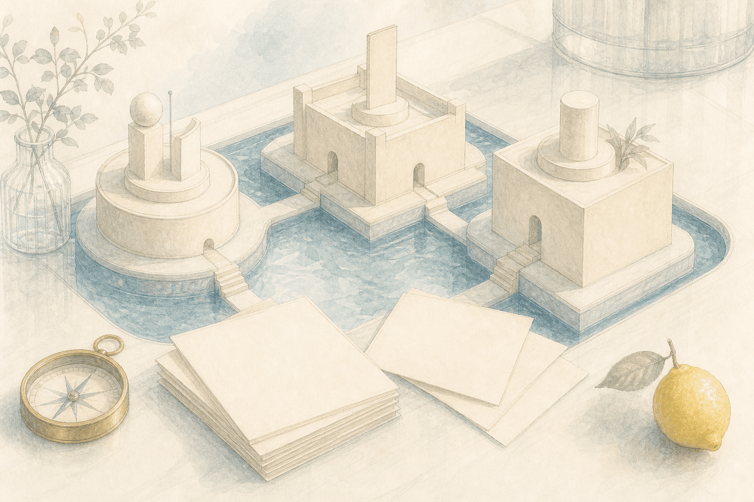 Three abstract moat platforms on a refined investment desk