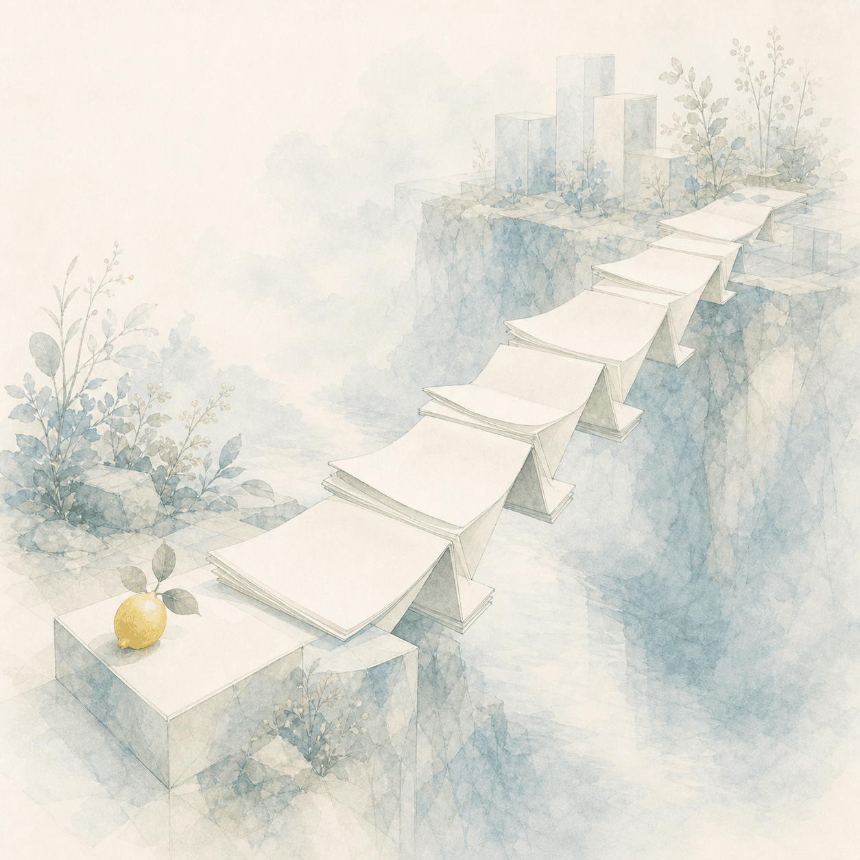 A pale paper bridge crossing a quiet gap