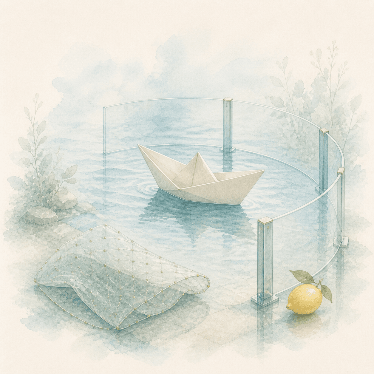 A paper boat protected by a pale glass boundary and safety net