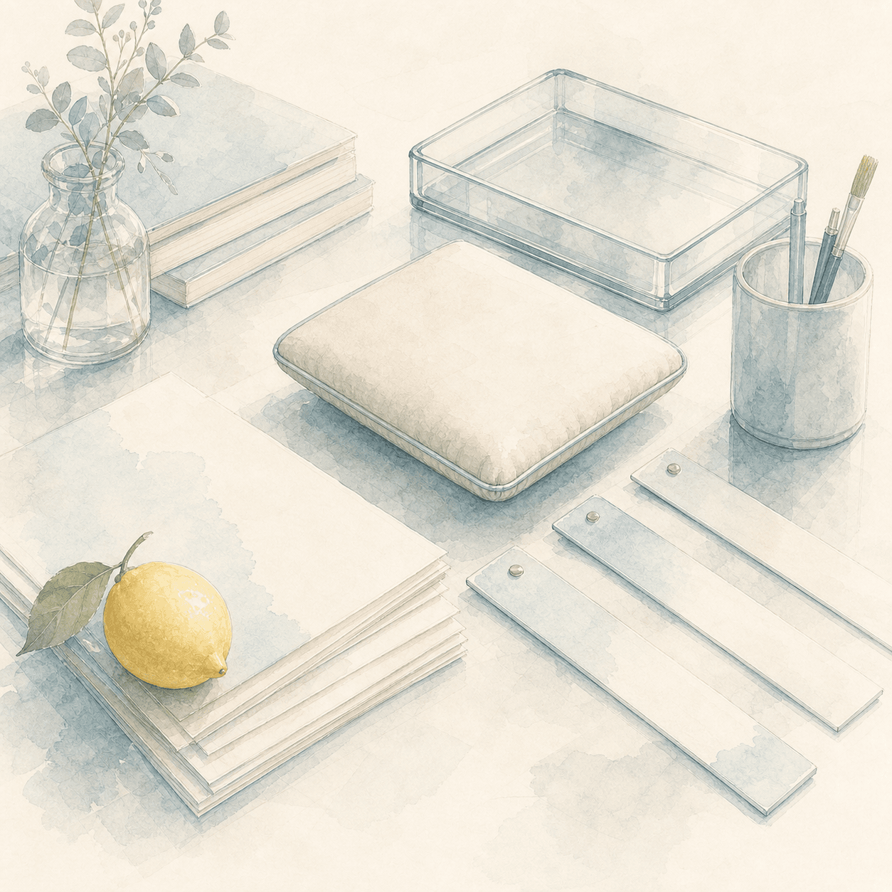A quiet desk with three blank measuring strips and a lemon