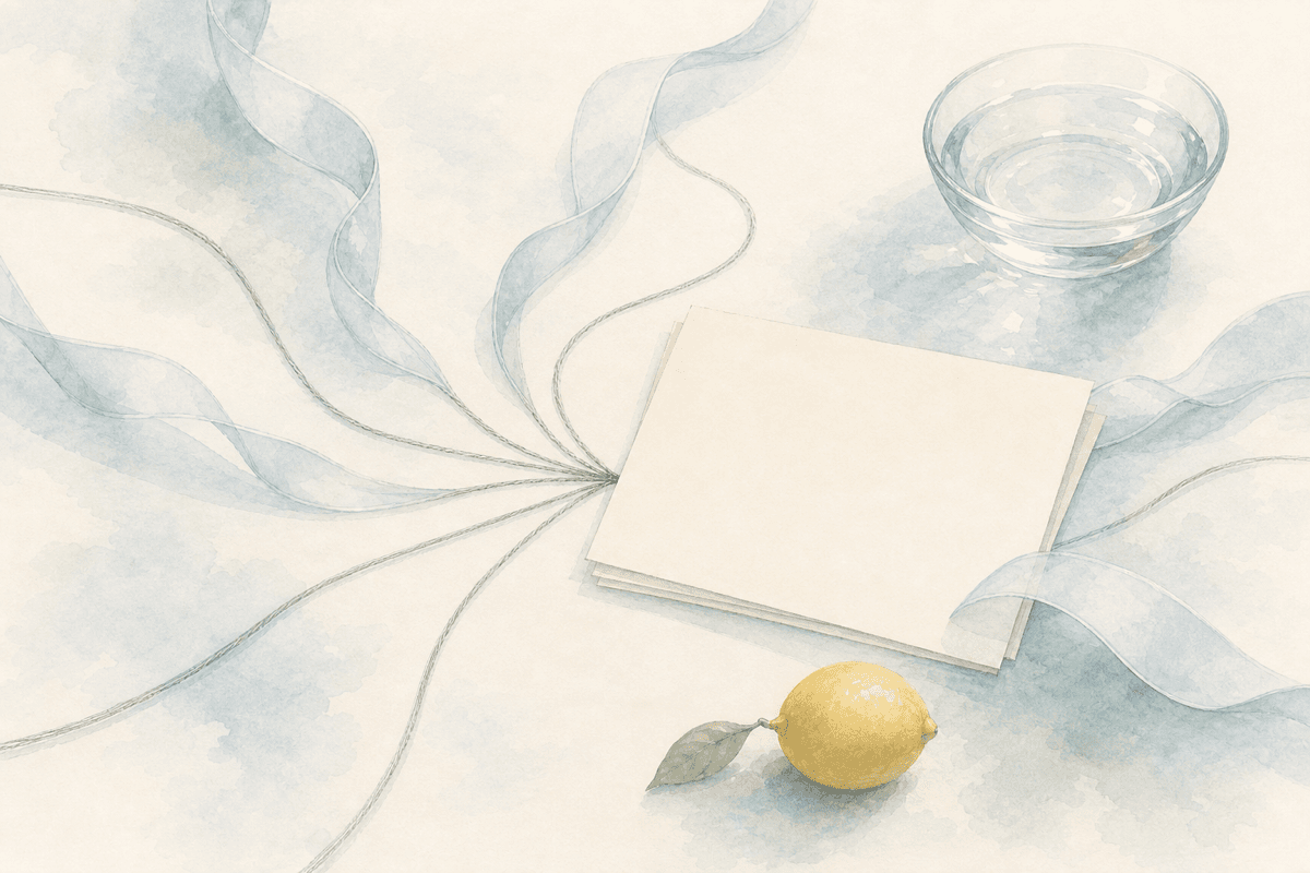 Blank cards and pale blue ribbons converging around a lemon