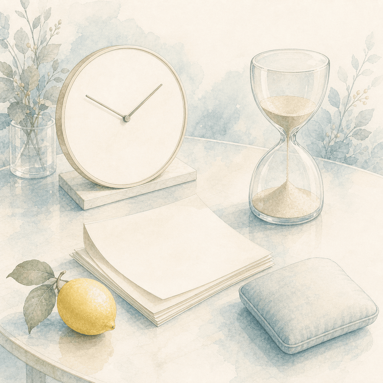 A blank clock, hourglass, papers, cushion, and lemon on a pale desk
