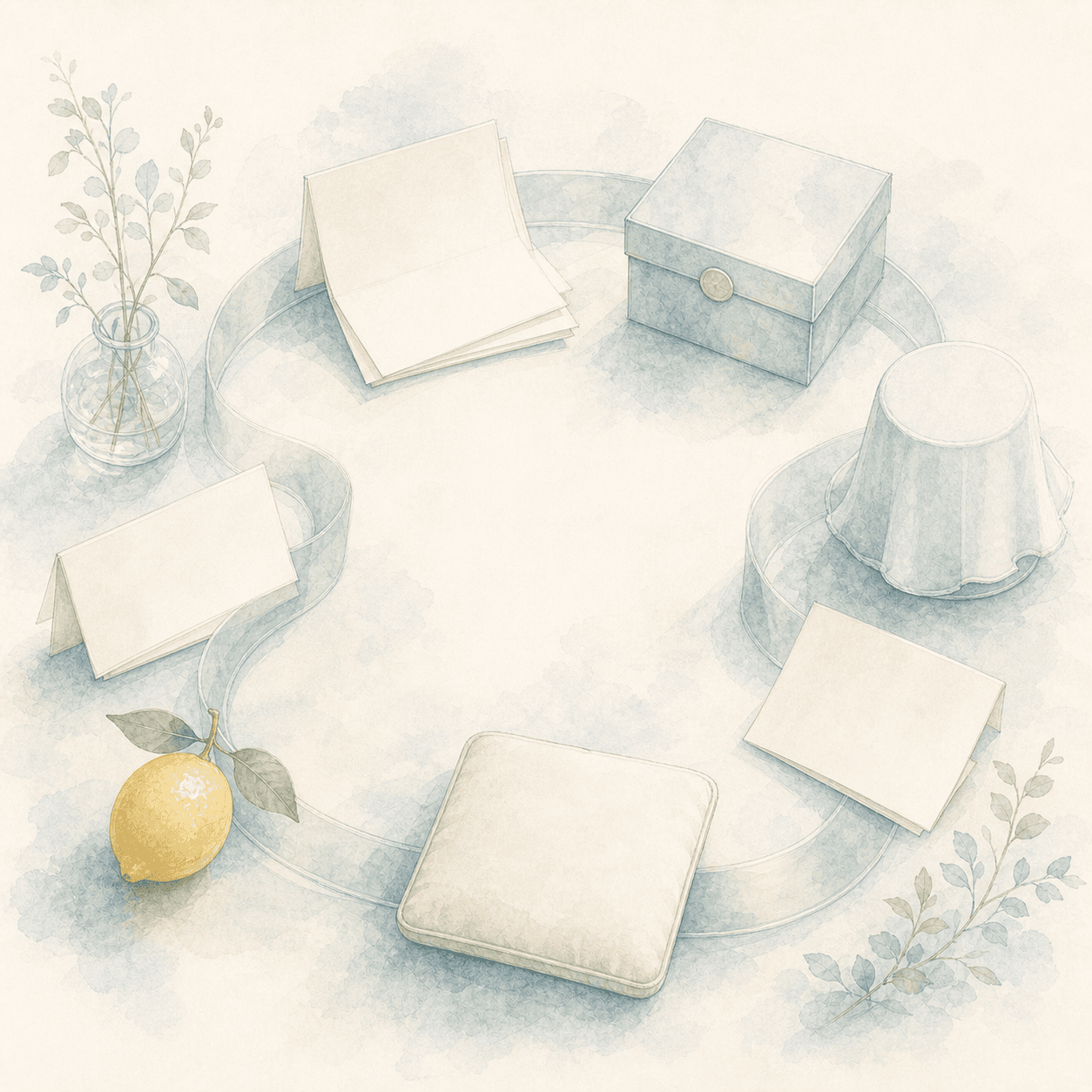 Blank papers, a sealed box, a covered cup, a cushion, and a lemon arranged in a soft circular path