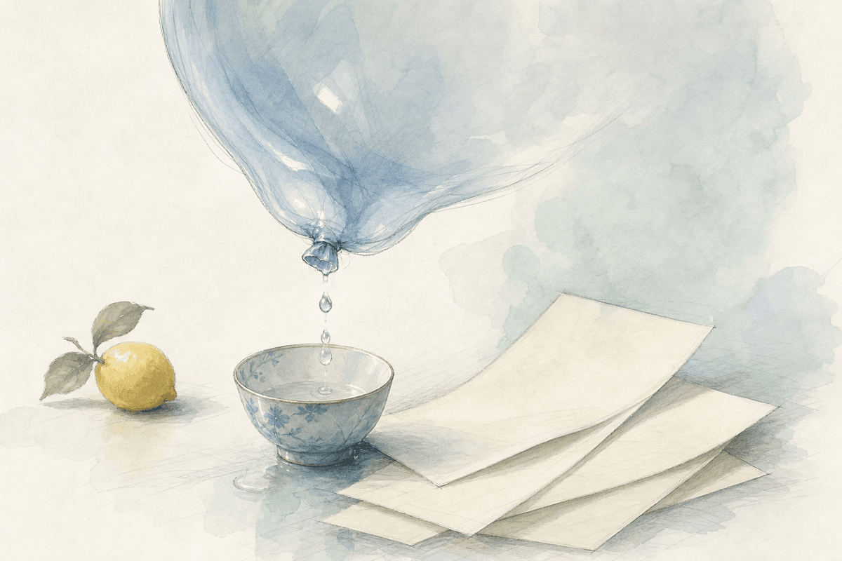 A pale blue premium bubble draining into a cup