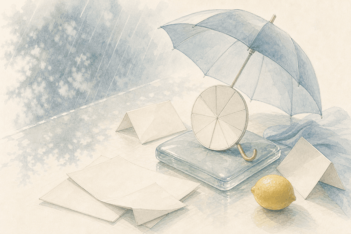 A still umbrella beside papers after a market shower