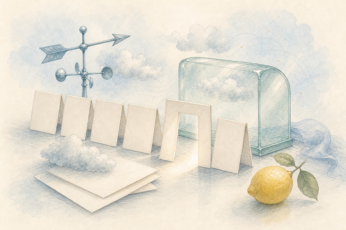 A pale policy window with blank cards, weather vane, clouds, and lemon