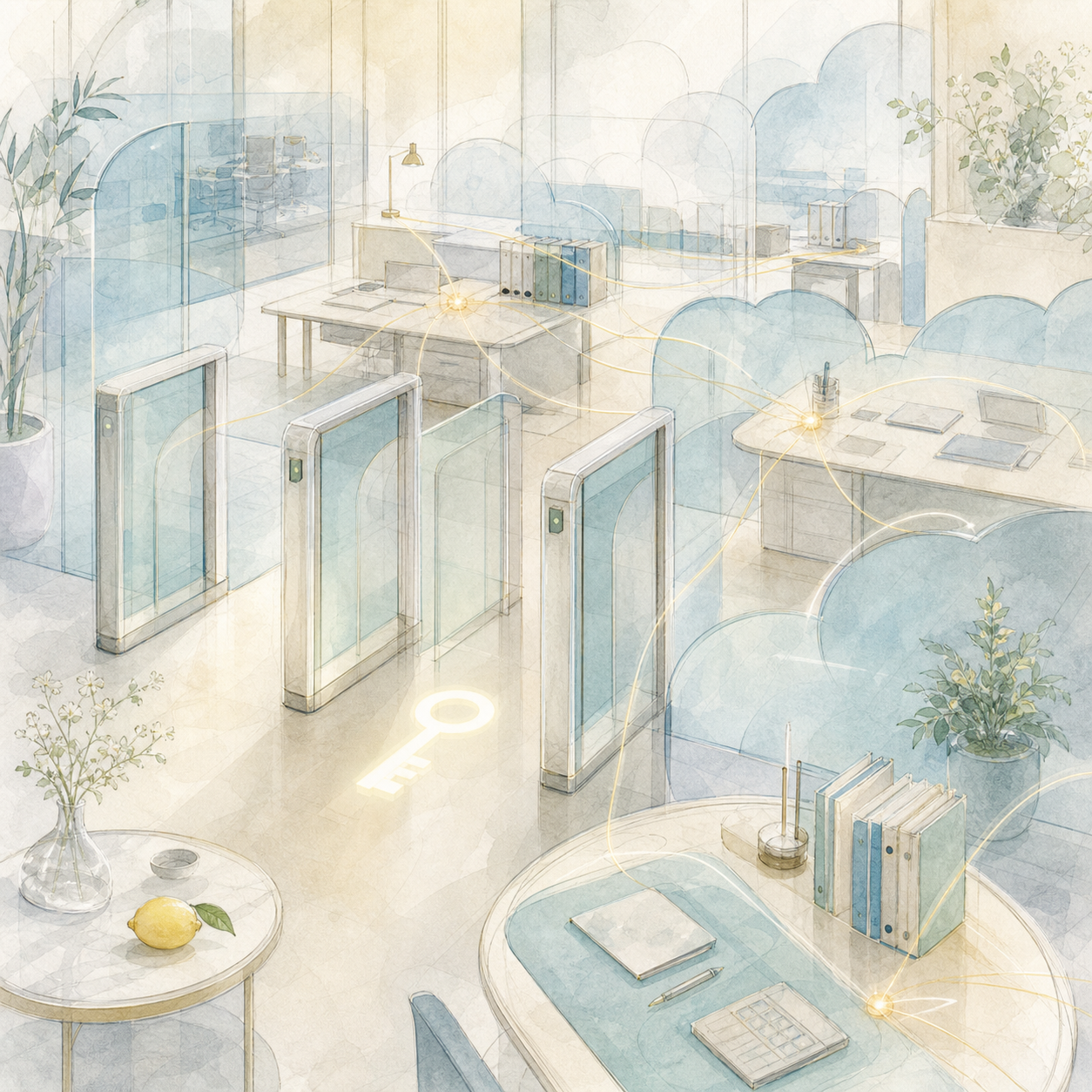 A calm office workflow protected by translucent access gates