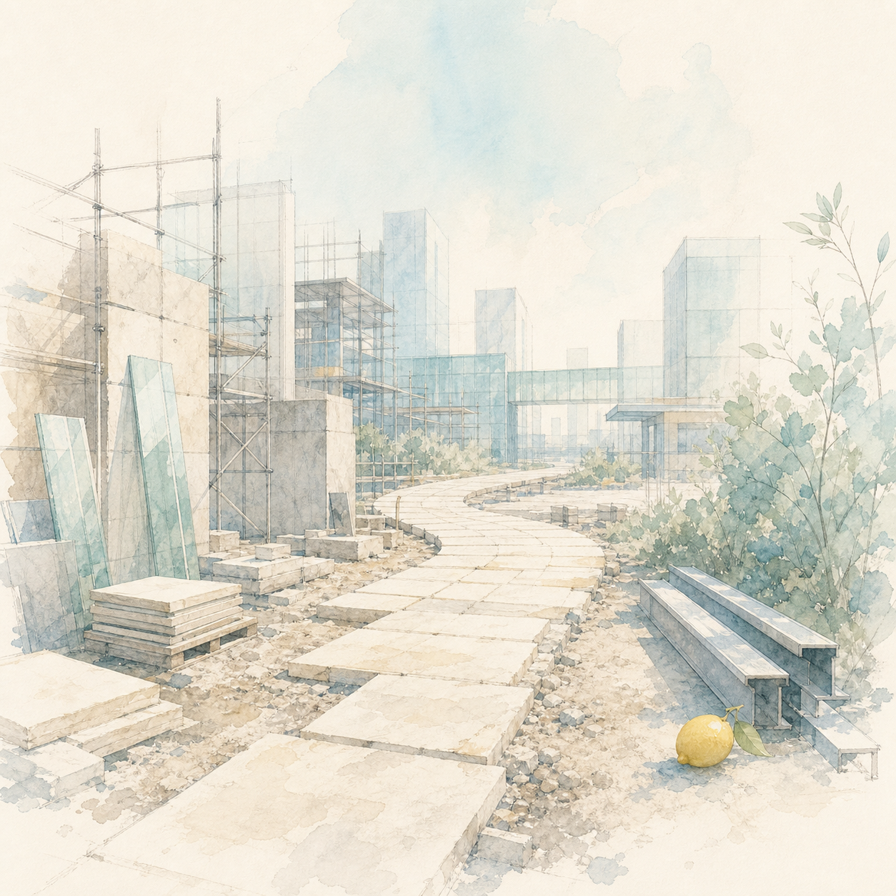 A quiet unfinished road being built through a pale modern district