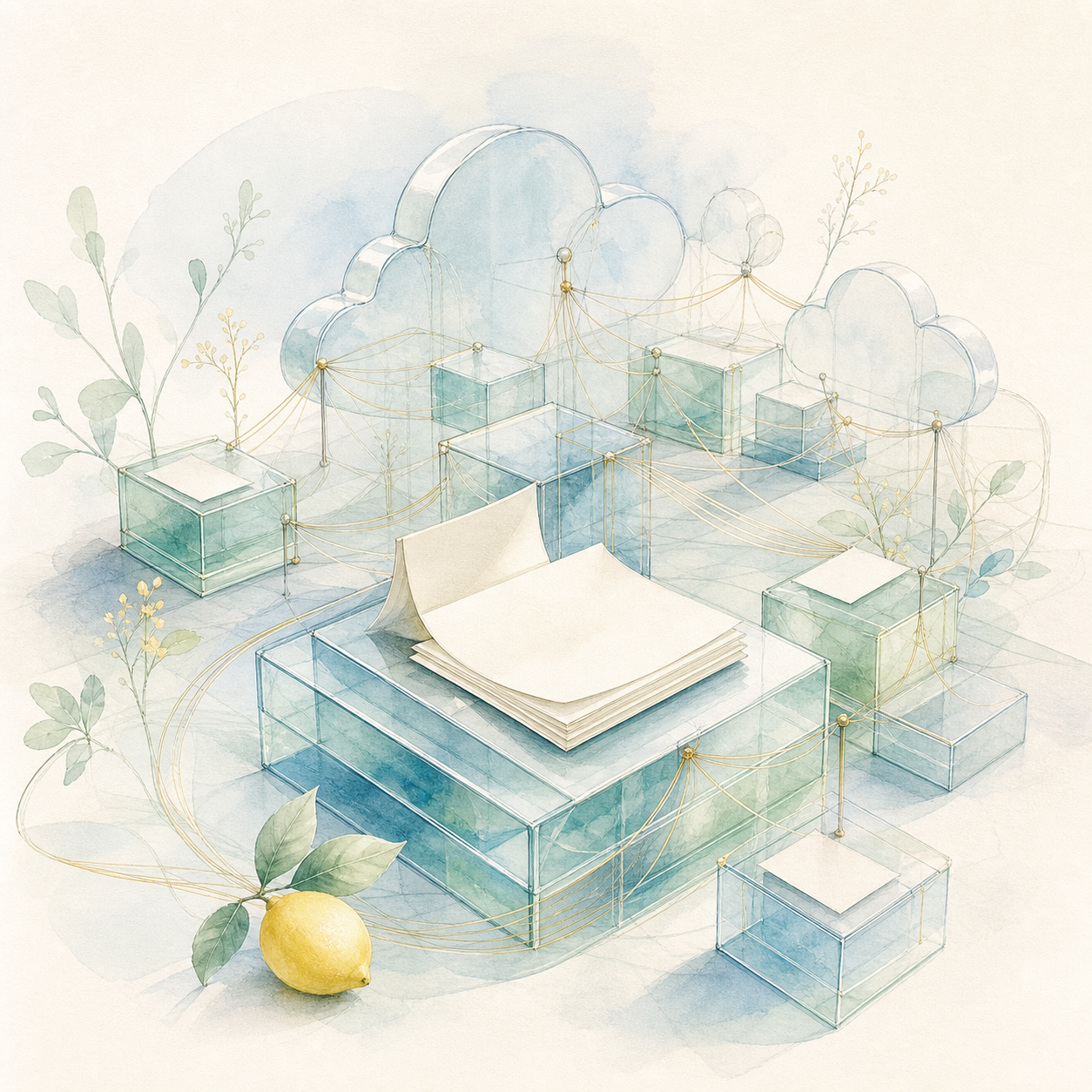 A pale network of blank papers, glass blocks, and cloud forms