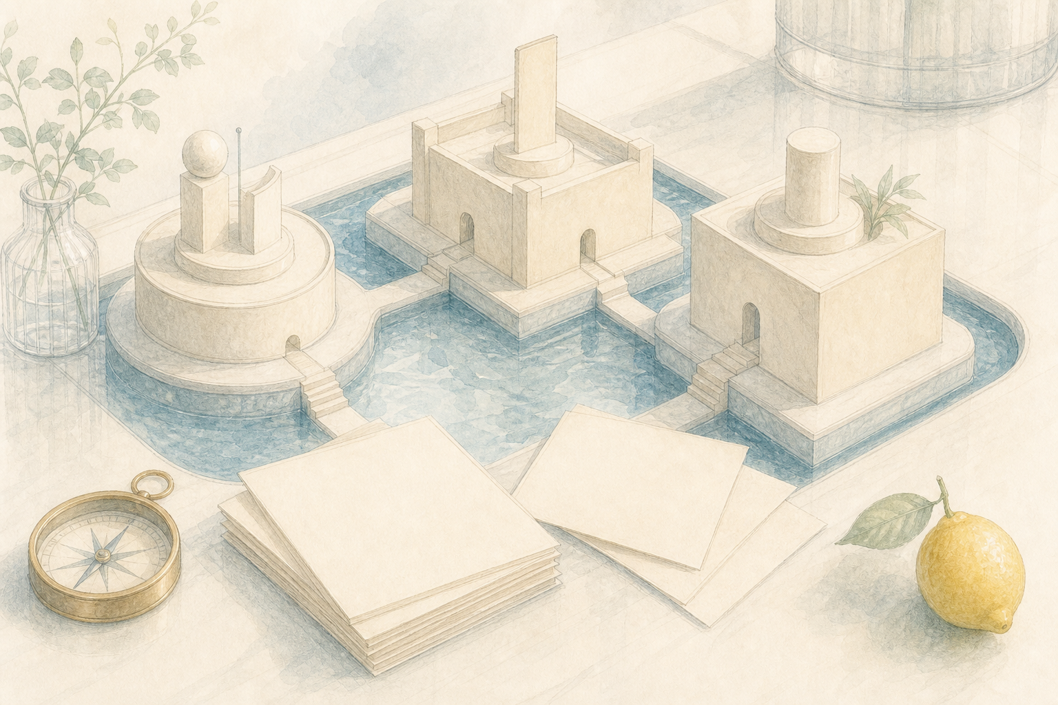 Three abstract moat platforms on a refined investment desk