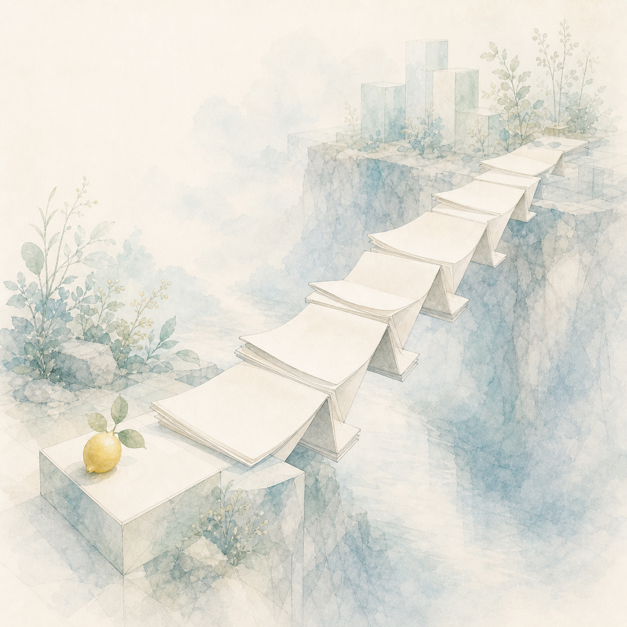 A pale paper bridge crossing a quiet gap