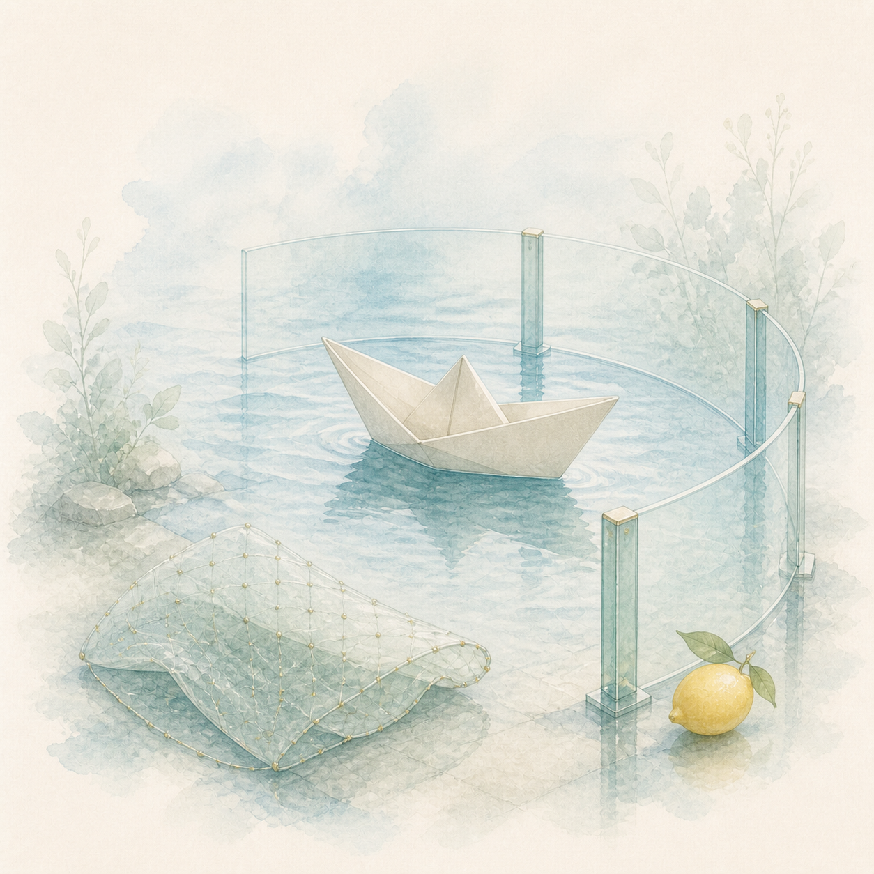 A paper boat protected by a pale glass boundary and safety net