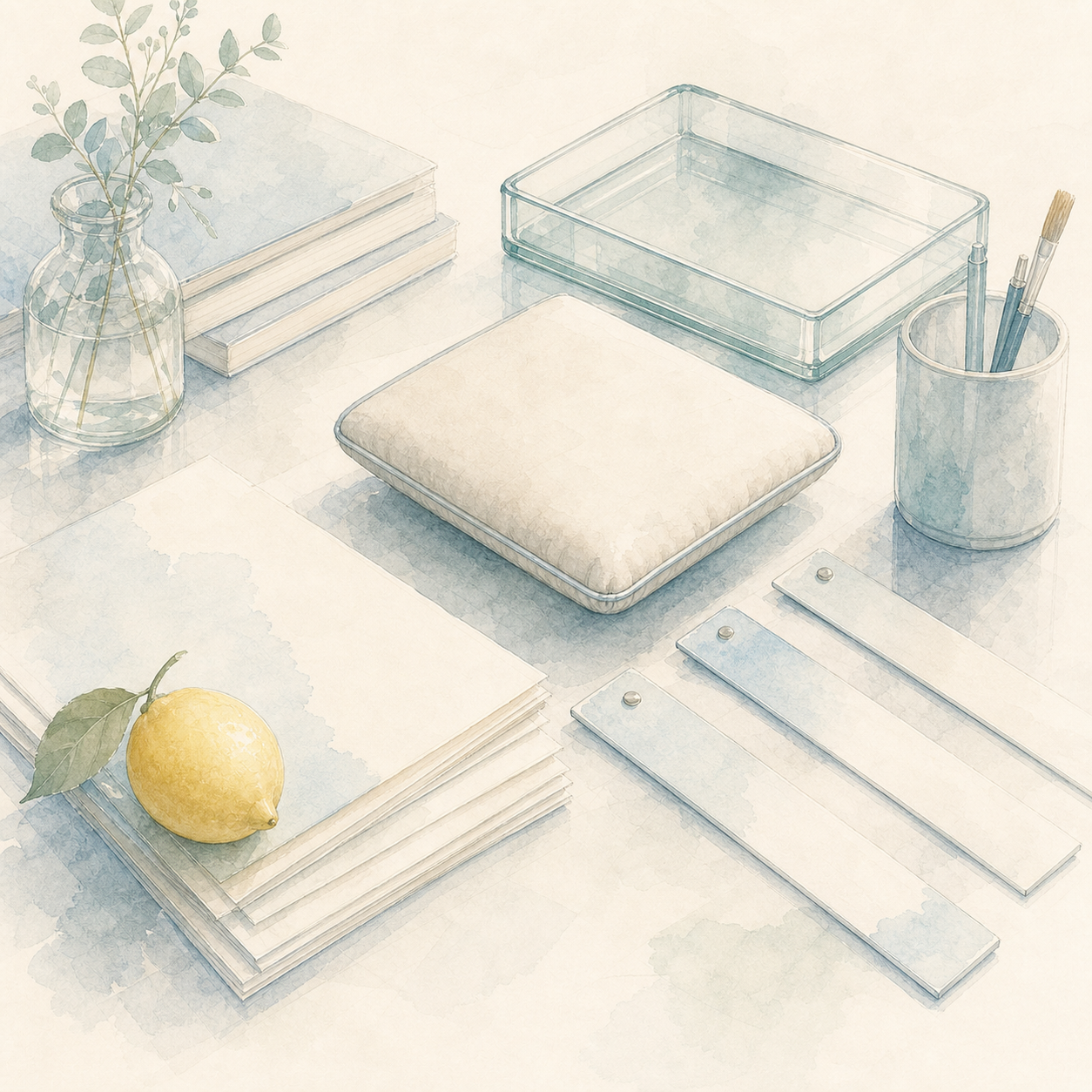 A quiet desk with three blank measuring strips and a lemon