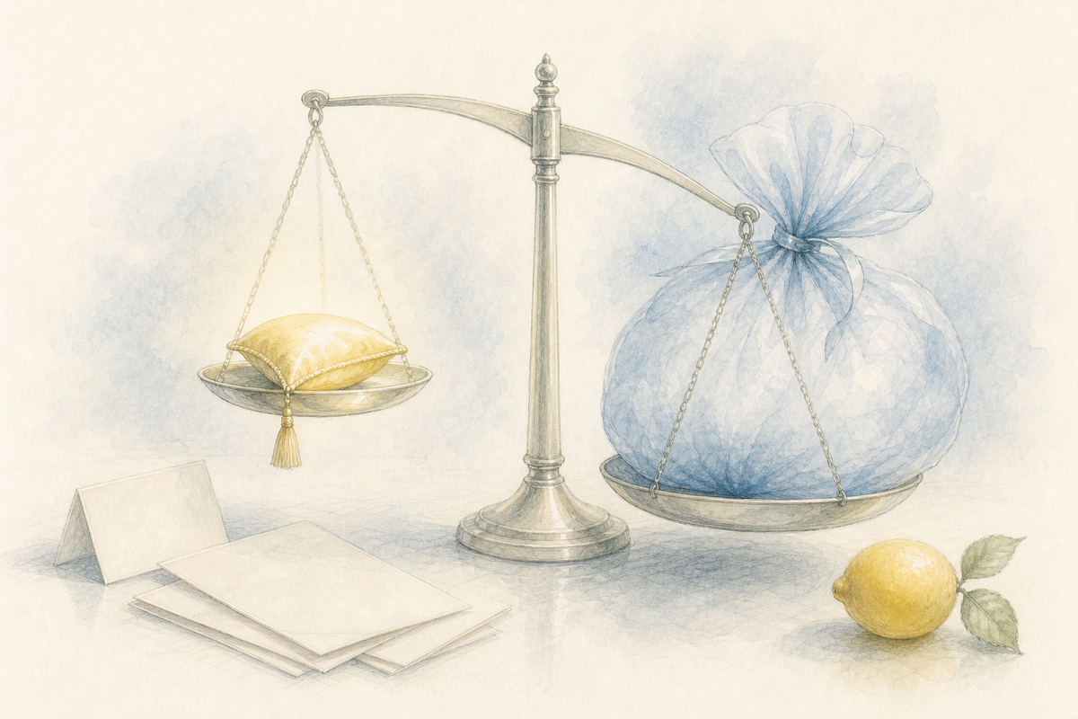 A quiet scale comparing premium weight and fragile risk