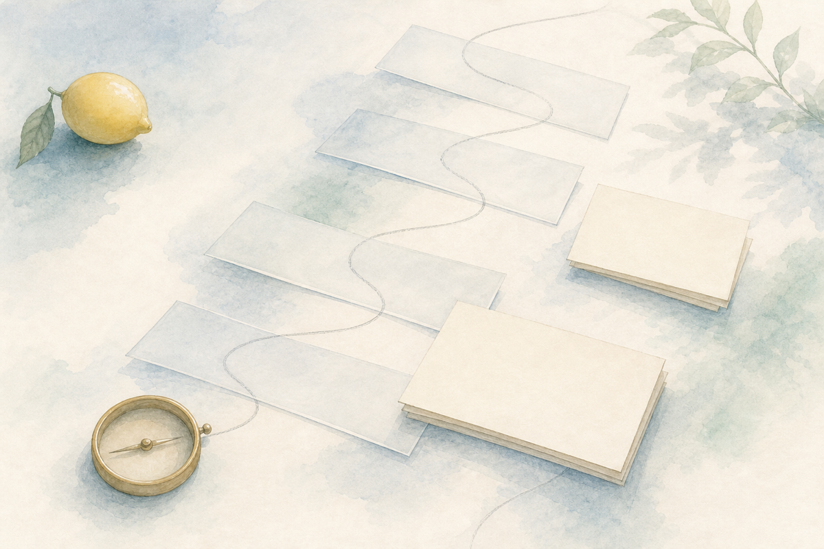 Blank papers form a soft path beside a compass and lemon