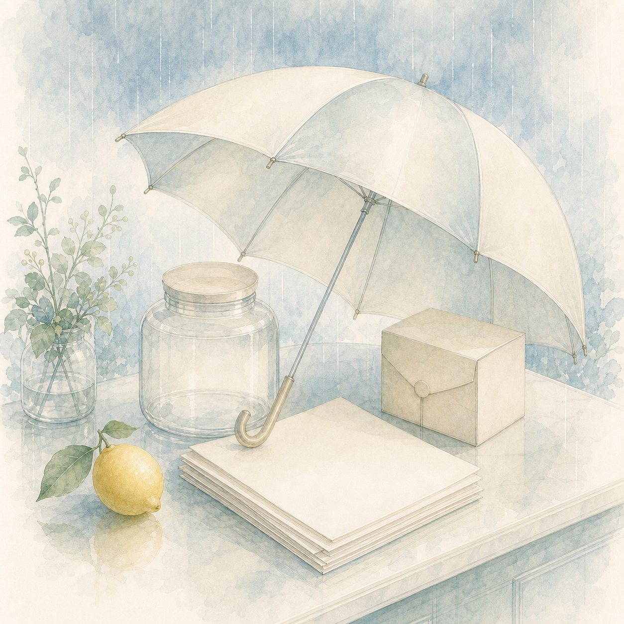 A pale umbrella shelters blank papers, an unmarked jar, a sealed box, and a lemon