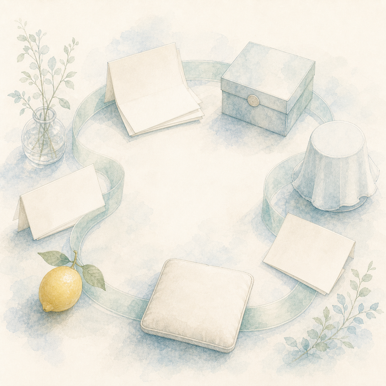 Blank papers, a sealed box, a covered cup, a cushion, and a lemon arranged in a soft circular path