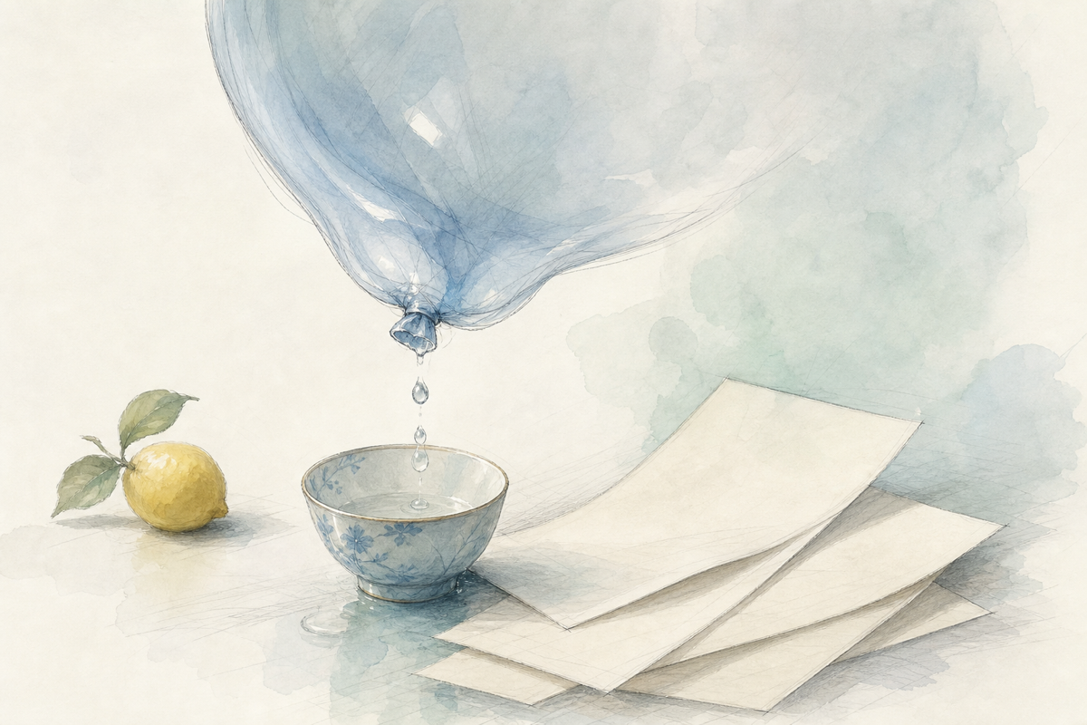 A pale blue premium bubble draining into a cup