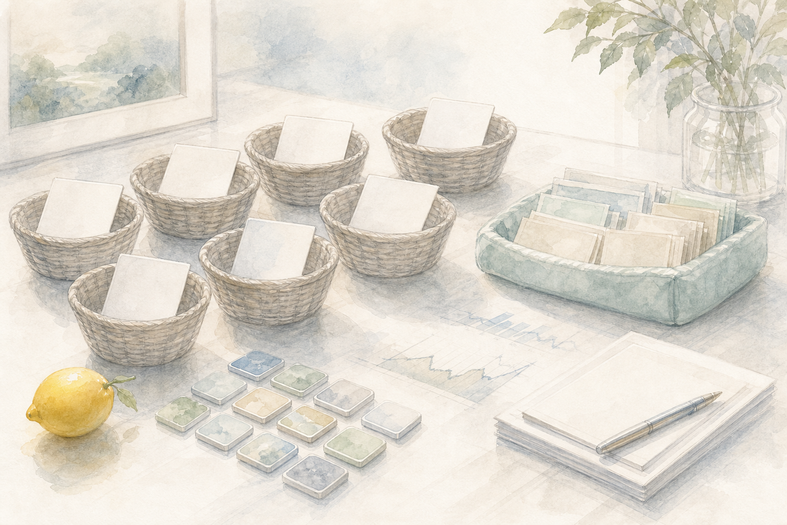 Baskets and blank slips arranged for position sizing