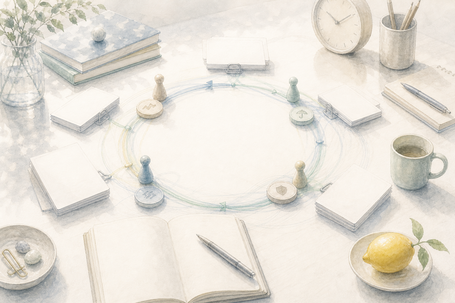 A calm Wheel path on a desk with blank option slips